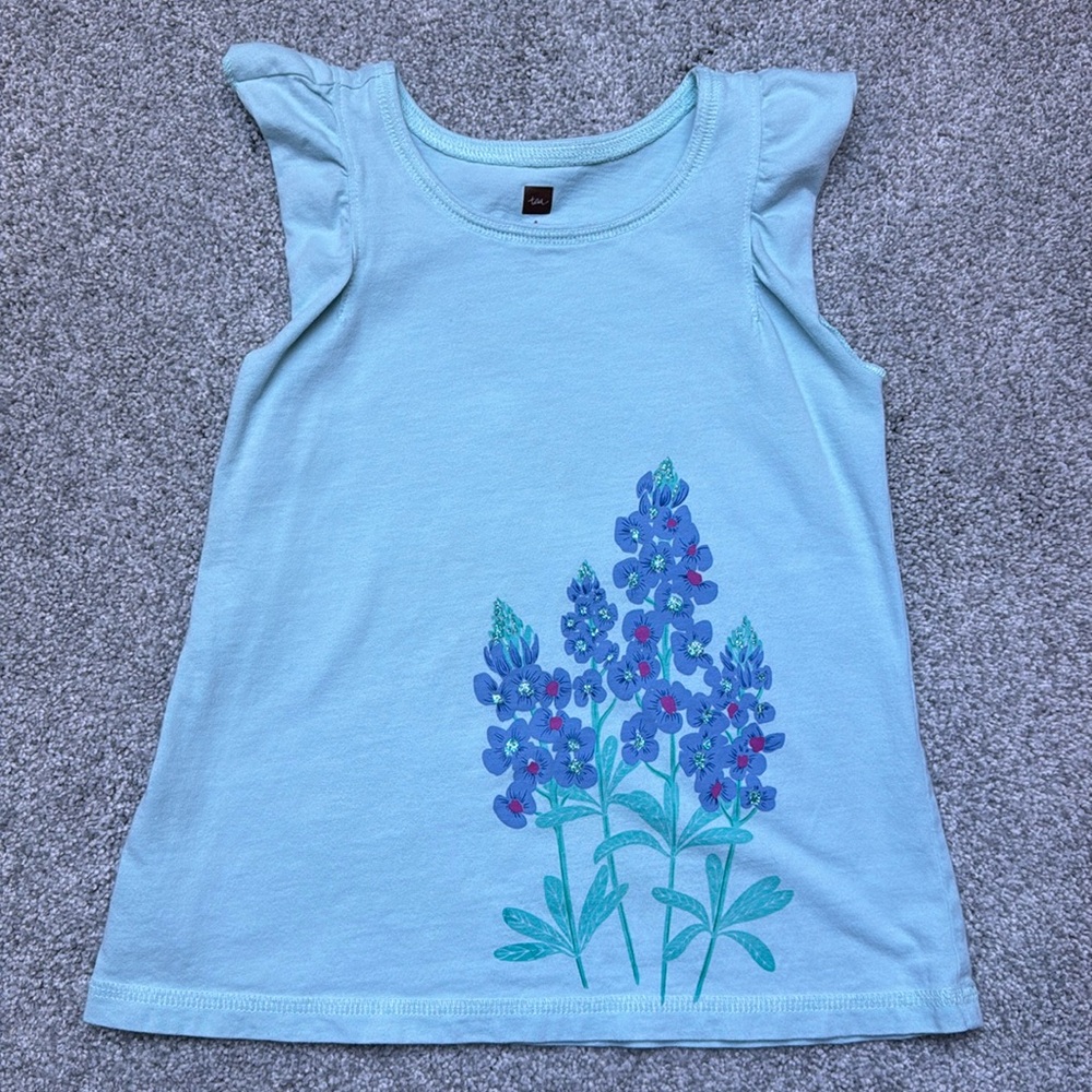Tea Shirt - Light Blue w/purple & pink flowers - Size 4